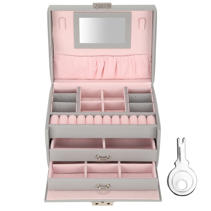 Three Layer Jewelry Storage Box PU Leather Necklace Rings Earrings