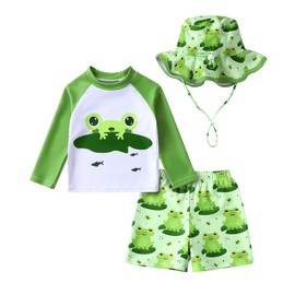 Toddler Baby Boy Swimwear Long Sleeve Rashguard Swimsuit with Sun Hat Cartoon Animal Bathing Suit(Frog,12-18M)
