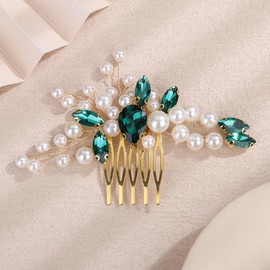 Teyglen Wedding Pearl Hair Comb Elegant Pearl Crystal Hair Piece Green Bride Wedding Hair Comb Decorative Hair Accessories for Women Pearl Rhinestone Headpiece (Peacock green)