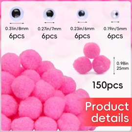 Bupete 150 Pcs Pom Poms,Pink Pompoms,1 Inch Pom Poms with 24 Eyes for Puff Balls, Arts and Craft Pom Pom Balls for DIY Art Crafts Decorations Project