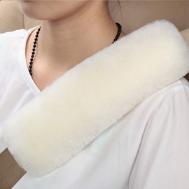 OGLAND Genuine Sheepskin Soft Fuzzy Car Seatbelt Should Pad, Comfy Fluffy Seat Belt Strap Covers for Car Neck Cushion Protector Auto Accessories Woman Man Girls Kids (1Pcs/White)