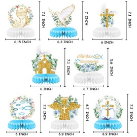 8 PCS Baptism Decorations First Holy Communion Honeycomb Centerpieces Eucharist God Bless Table Topper Christening Cross Dove Decoration for Baby Shower Baptism Party Decor Religious Supplies