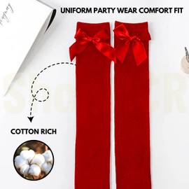 ShopMCR 2 Pairs Girls Knee High Socks with Bow Back to School Socks Cotton Rich Uniform Party Wear Comfort Fit (4-6, Red)