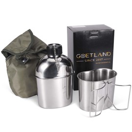 Goetland Stainless Steel WWII US Army Canteen Water Bottle Military Canteen Kit 1.3QT with 0.6QT Cup Nylon Pouch G.I.