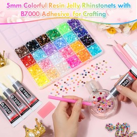 B7000 Glue with Large Rhinestones for Crafting, 5MM Rainbow Rhinestones Flat Back Gems Crystal with Jewelry Glue Adhesive for DIY Graduation Cap Bedazzling Crafts Clothes Tumblers Shoes