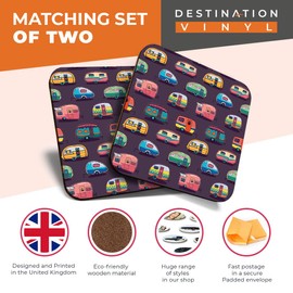 Great Coasters (Set of 2) Square/Glossy Quality Coasters/Tabletop Protection for Any Table Type - Fun Caravans Caravan Camping #3172