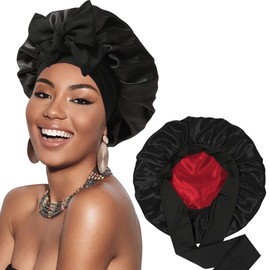 Silk Bonnet for Sleeping Women Satin Hair Cap with Tie Brand Curly Hair Sleep Protection Silk Head Wrap Double Layer - Black