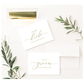 To My Bride To My Groom On Our Wedding Day Card 4x5.5 Folded White Card with Gold Caligraphy with Gold Foil Lined Envelopes 2 Card Set Vow Cards Elegant Minimalist Style Wedding Cards