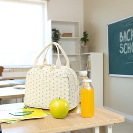 Noilk Insulated Lunch Bag, Quilted Beige Floral Design, Thermal Cooler Tote, Portable Large Capacity for Work, School, or Picnic, 8.5L