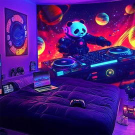 NYZE Panda Space Tapestry for Bedroom, Music Wall Tapestry, Party Decor Glow in the Dark Room Decor Wall Tapestries, Cool Galaxy Planet Wall Hanging, Wall Hanging for Room Dorm 79in×59in