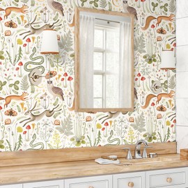 ReWallpaper Whimsical Forest Wallpaper Peel and Stick Squirrel Rabbit Snake Owl Animal Wallpaper for Bathroom Waterproof Contact Paper Removable Forest Wall Decor for Bedroom Kids Room 17.5inX10ft