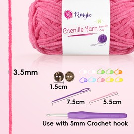 Thick Soft Chunky Chenille Yarn 4x50g Fluffy Wool Perfect for Crochet Baby Blankets with 5mm Crochet Hook, Ideal for Beginners (Rose-4)