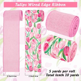 FYSUIMU 2 Rolls Tulip Wired Edge Ribbons 2.5 Inch Pink Watercolor Flower Craft Ribbon Spring Mother's Day Fabric Wrapping Ribbon for Bow Wreath Party Home Decor, 10 Yards