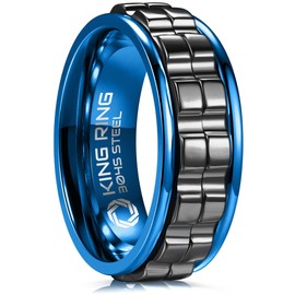 King Ring 8mm Wide Gear Spinner Ring – Ultra Polished Heavy Fidget Ring for Men & Women Stainless Steel Ring K42 – Blue Black 11