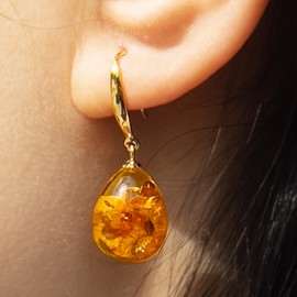 Baltic Amber Earrings for Women,Teardrop Design Dangle Earrings, 925 Sterling Silver Plated with 18K Gold, Rich Cognac Color