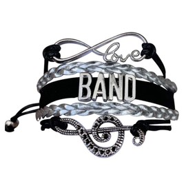 Infinity Collection Band Bracelet, Music Charm Jewelry, Marching Band Gift, Band Jewelry for Women and Teens, 5 inches with 2 inch adjustable clasp, Black and Silver, no gems