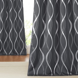 NICETOWN Gray Blackout Curtains 72 inch Long for Bedroom - Microfiber Noise Reducing Thermal Insulated Wave Line Foil Print Design Drapes for Patio Sliding Glass Door (2 Panels, 52 x 72 Inch)
