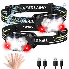 PLUSINTO 9 LED Headlamp Rechargeable 2 Pack, 2000 Lumens Super Bright Head Lamp with Red Light, 10 Modes, Motion Sensor and Adjustable, IPX5 Waterproof Headlight for Camping Hiking Running