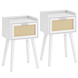 LAATOOREE Nightstand Set of 2, Small White Bedside Table, End Table with Rattan Door, Boho Side Table with Solid Wood Legs for Bedroom Living Room Small Space