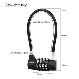 NBYT Steel Cable Rope Combination Padlock, Diameter 5 mm, Length 18 cm, for Lockers, Filing Cabinets, Wardrobes, Small Fences, Small Sheds, Door Locks for Pets