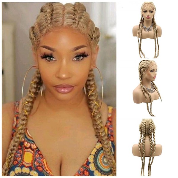 Rainahair Blonde Synthetic Braided Lace Front Wig, Blonde, 4 x Twisted Braids, Wig with Baby Hair, Heat Resistant Fiber Wig for Women (32 inch, Blonde/Lace Front Wig)