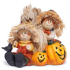 Hodao Fall Thanksgiving Scarecrow Figurine Decoration, 4" Resin Scarecrow with Straw, Pumpkin & Red Bird - Fall Harvest & Thanksgiving Decor for Home, Tabletop Display