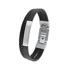 s.Oliver 2036870 Stainless Steel Leather Bracelet for Boys and Children, 16 + 1.5 cm, Black, Comes in Jewellery Gift Box, Stainless Steel, None