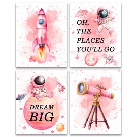 ZHAXFA Pink Outer Space Decor for Kids Room Girls Bedroom Watercolour Star Rocket Astronaut Posters Set of 4 (8 x10 in Unframed),Cute Inspirational Art Decor for Boys and Girls Playroom Nursery