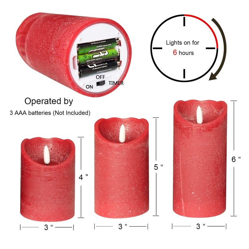 Eldnacele Red Wax Flameless Flickering Candles with 6H Timer, 3D