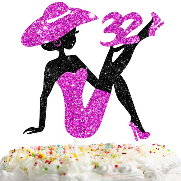 Decoración para tarta con diseño de chica sentada para niña de 32 cumpleaños, maquillaje de spa, decoración de fiestas, suministros de 32 siluetas de tacón alto, decoración de tarta de niña con purpurina morada