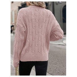 COZYEASE Women's Cable Knit Drop Shoulder Sweater V Neck Long Sleeve Elegant Knit Tops Pink Small