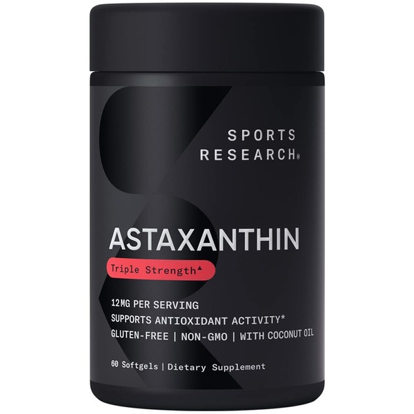 Sports Research Triple Strength Astaxanthin (12mg) with Organic Coconut Oil | Non-GMO, Soy & Gluten Free - 60 Mini Softgels (2 Month Supply)
