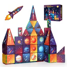 Space Rocket Magnetic Tiles Set, 58Pcs Magnatiles for Kids, Magnet Stacking Building Blocks, STEM Construction Toys, Birthday Gifts for Boys Girls Ages 3+, Preschool Classroom & Home Activity