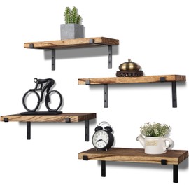 Rustic Wood Floating Shelves Wall Mounted Farmhouse Wooden Wall Shelf for Bathroom Kitchen Bedroom Living Room Set of 4 Light Brown