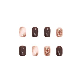 MISUD Fall Press on Nails Short Square Fake Nails Glossy Glue on Nails Autumn Brown Ombre Artificial Nails Squoval Acrylic Nails Golden Glitter Stick on False Nails with Design 24 pcs