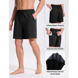 BALEAF 7 Inch Mens Swim Trunks with Compression Liner Quick Dry Bathing Suit Board Shorts with Zippered Pockets, Black, Medium