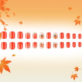 LWTZLW Fall Pumpkin French Tip Press on Nails Short Square Thanksgiving Fake Nails Orange Glitter Maple Leaves Design Autumn Glue on Nail Reusable Acrylic Stick on Nail for Women