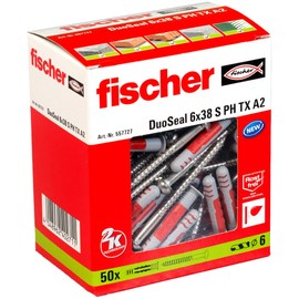 fischer 557727 DuoSeal Wall Plug, 6 x 38, Red