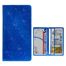 povtii Car Registration and Insurance Holder, Bling PU Leather Vehicle Card Document Glove Box Organizer, Waterproof License Registration Holder for Driver License Cards Documents (Glitter Blue)