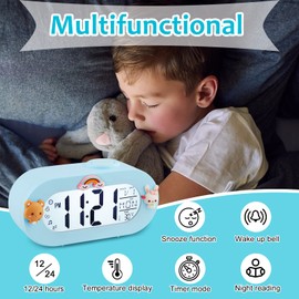Ayybboo Kids Alarm Clock,Digital Sleep Trainer Clock with Snooze Function & Night Light,Multi-language Kids Silent Alarm Clock for Boys/Girls,Birthday (BLUE)