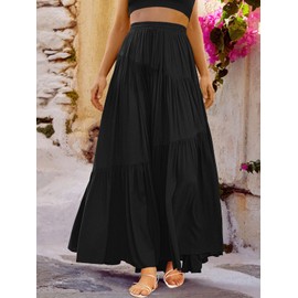 ANRABESS Women’s Boho Elastic High Waist Pleated A-Line Flowy Swing Asymmetric Tiered Maxi Long Skirt Dress with Pockets Black X-Large