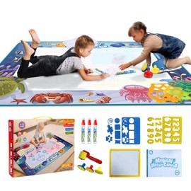 HIHALO Tapete mágico Infantil,Pizarra mágica Infantil,Pintar con Agua,100×80cm tapete para Pintar Grande, con 3 bolígrafos de Agua, 1 álbum de Fotos, 2 Plantillas de EVA y 4 Sellos (océano)