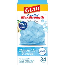 Glad Glad ForceFlex MaxStrength Trash Bags, 13 Gal, Beachside Breeze, 34 Ct (Package May Vary)