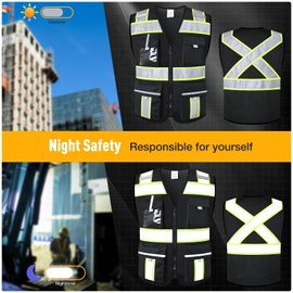 AnnJoYoo Class 2 Safety Vest with Zipper Front and 7 Pockets, High Visibility Vest, Meets ANSI/ISEA Standards (E09-Black-MESH-M)