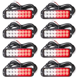 V-SEK Red White LED Strobe Lights Kit - 8PCS 16-LED Emergency Flashing Warning Caution Hazard Hazard 12V Sync Feature Ultra Slim Surface Mount for Firefighter Construction Trucks Vehicles Cars ATV