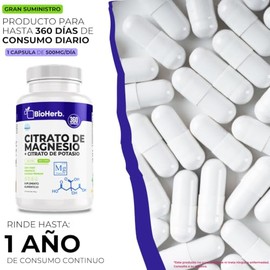 BioHerb® | Citrato de Magnesio + Citrato de Potasio – Extremadamente Eficaz – 360 Cápsulas (1 Año de Duracion) – Apoyo Hidratación, Equilibrio Electro