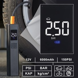 PROFI-PARTNER Elektrische Luftpumpe – 150PSI, 6000mAh Li-Ion-Akku, LED Licht, 22 Liter/min Luftdurchfluss, LC-Bildschirm - automatische Pumpe, Mini-Kompressor für Auto, Fahrrad, Motorrad, aufladbar