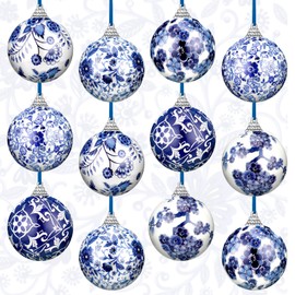 Poen Christmas Chinoiserie Porcelain Ornaments 2.36 Inch Porcelain Style Balls Plastic Blue White Ornaments Decoration Hanging Chinoiserie Christmas Decor with Silk Ribbon for Xmas Tree(12 Pieces)