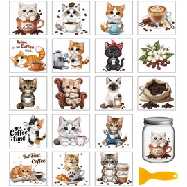 GLOBLELAND 18 Sheets Coffee Cats Rub on Transfers Sticker for Vase Crafts 3.9x3.6inch Colorful Coffee UV DTF Cup Wraps Decals Cute Animals Transfer Stickers for Furniture Cup Glass Bottle Decors