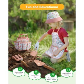 Grenebo Kids Gardening Tools Set 8PCS with Apron Hat Gloves Watering Can STEM Outdoor Toy Gift for Kids Ages 3-6 Pink